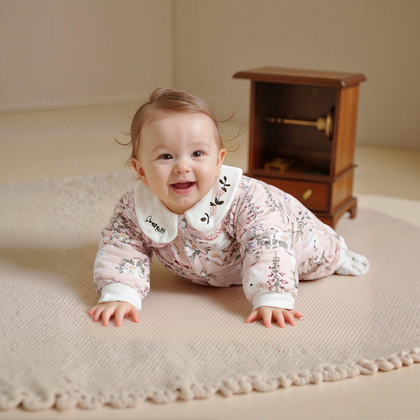 100% Cotton Quilted Long Sleeve Snap-Up Romper - Blue Zebra