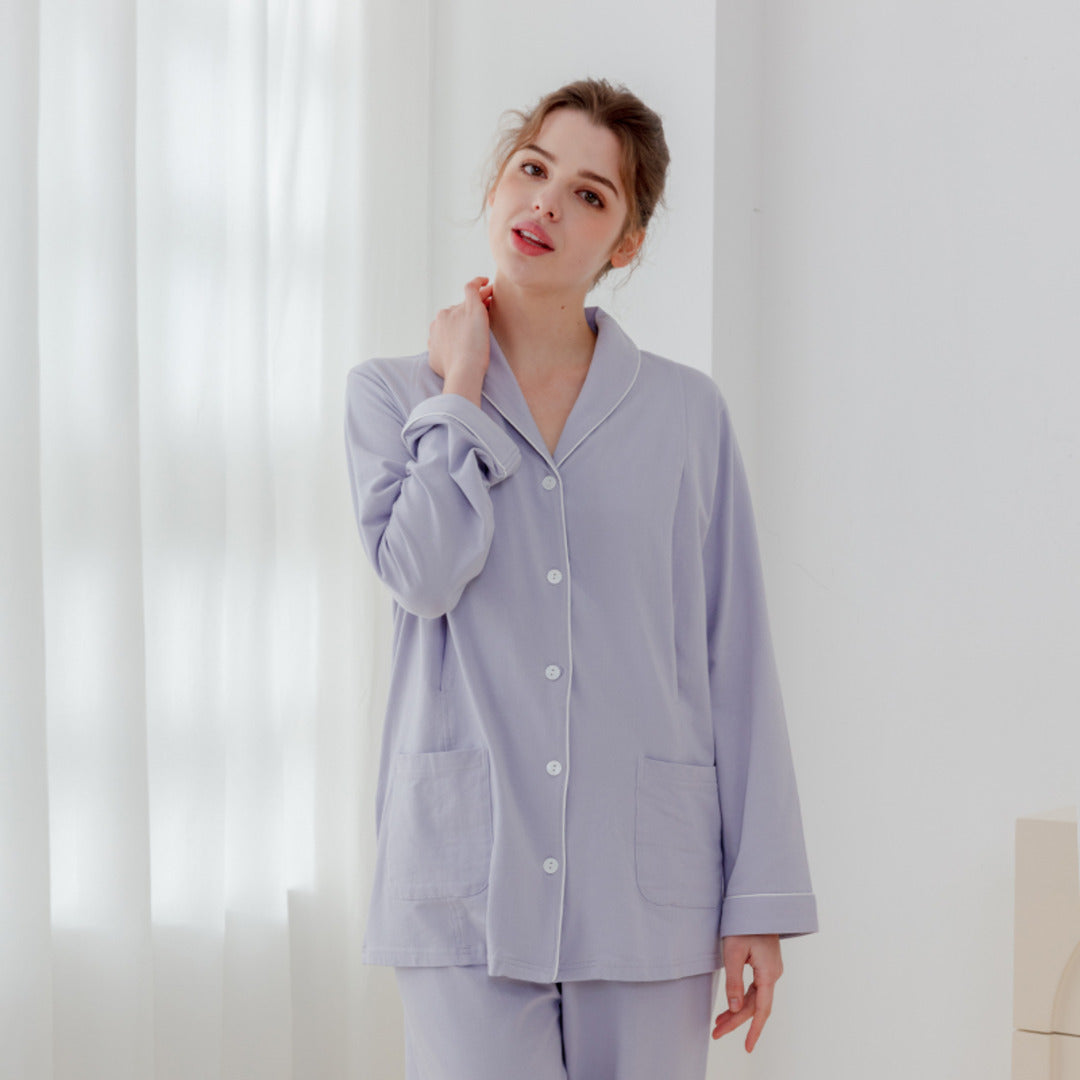 Cotton Button-Up Maternity Pajama-  Purple