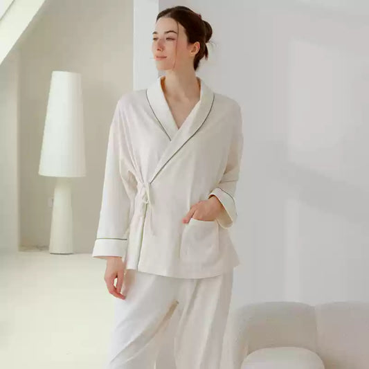 Pyjama de maternité en coton cache-cœur - Blanc