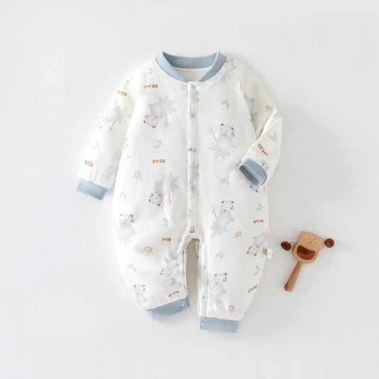 100% Cotton Quilted Long Sleeve Snap-Up Romper - Blue Bear