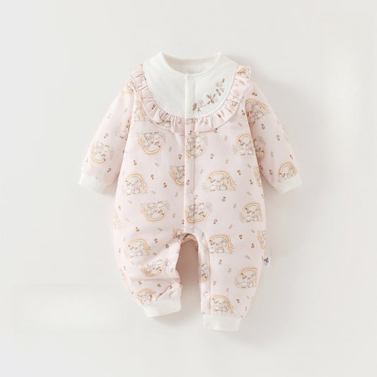 100% Cotton Quilted Long Sleeve Snap-Up Romper - Bunny with Rainbow