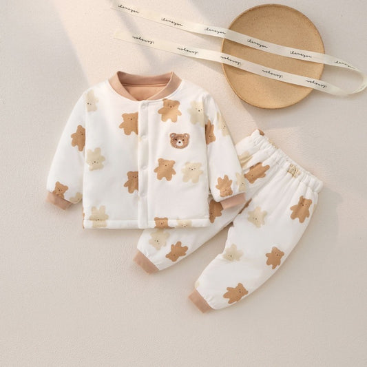 100% Cotton Long Sleeve Quilted Top & Pants Set- Brown Cookie Bear
