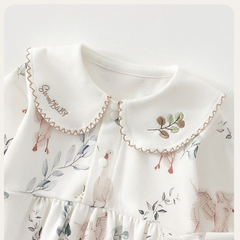 100% Cotton Long Sleeve Overhead Bodysuit - White Crane