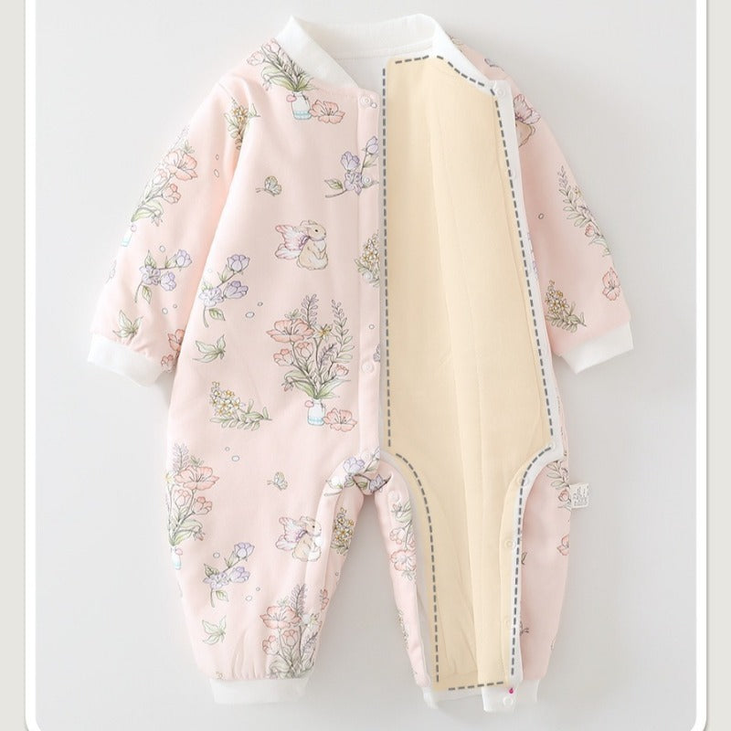100% Cotton Quilted Long Sleeve Snap-Up Romper - Blue Bear