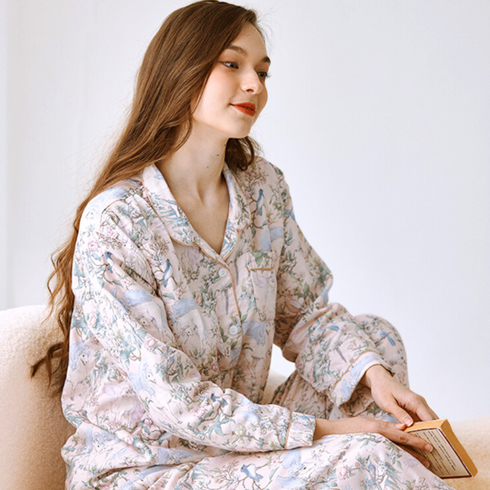 Organic Cotton Muslin Warm Maternity Pajama- Blue Dream Garden
