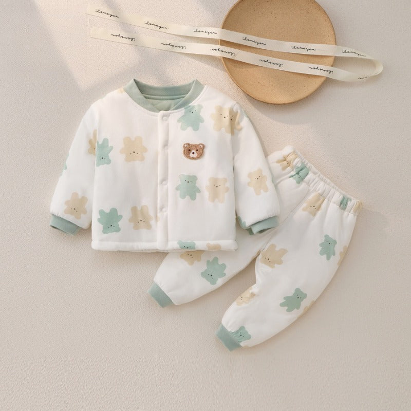 100% Cotton Long Sleeve Quilted Top & Pants Set- Green Cookie Bear