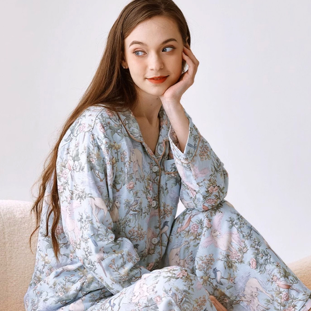 Organic Cotton Muslin Warm Maternity Pajama- Blue Dream Garden
