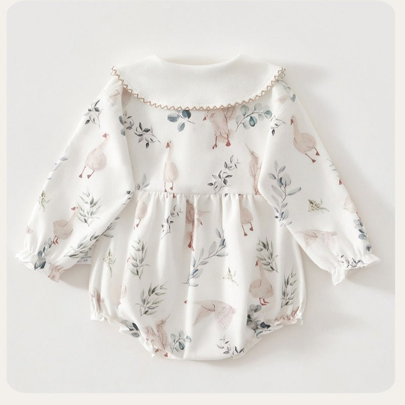 100% Cotton Long Sleeve Overhead Bodysuit - White Crane