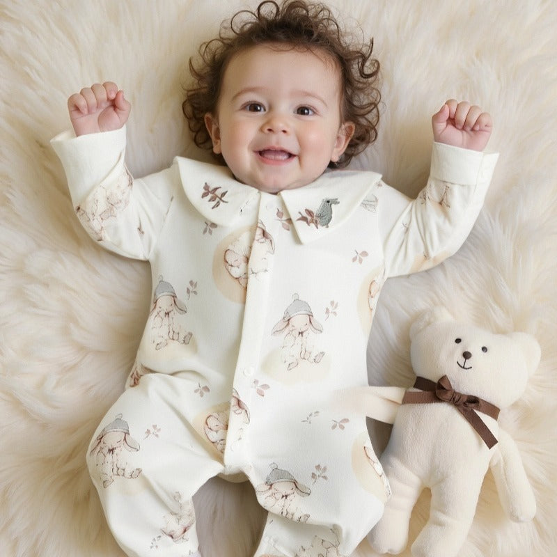 100% Cotton Long Sleeve Snap-Up Romper - White Crane