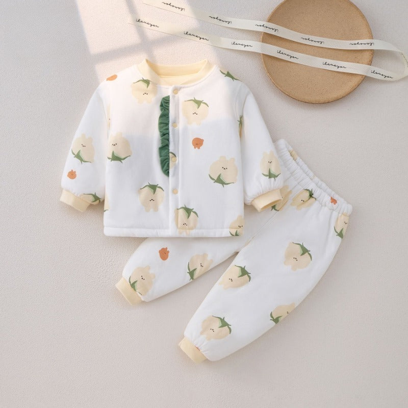 100% Cotton Long Sleeve Quilted Top & Pants Set - Yellow Lovely Bear