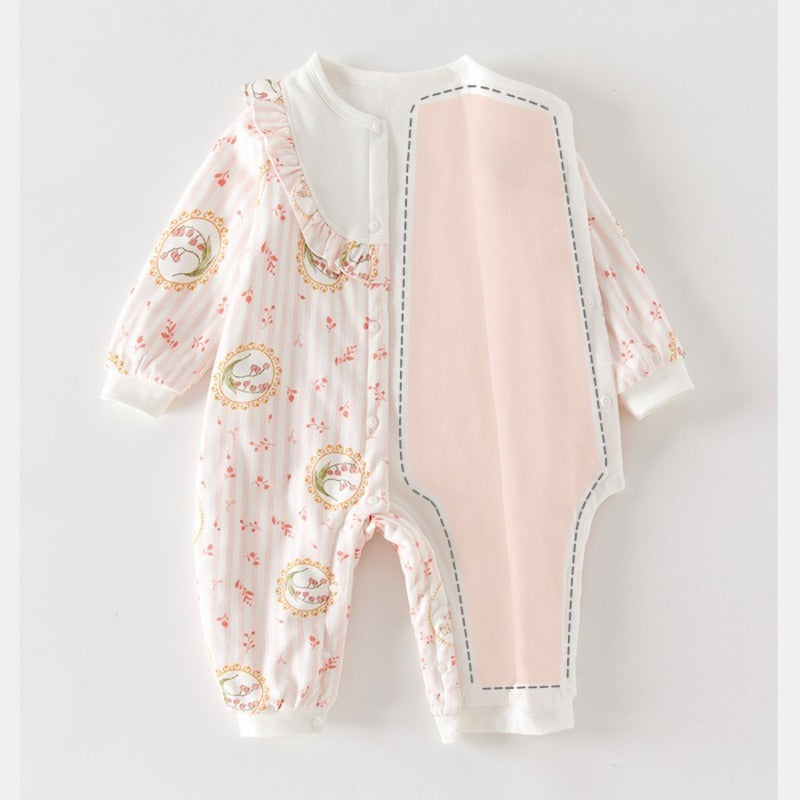 100% Cotton Quilted Long Sleeve Snap-Up Romper - Brown Flower Garden