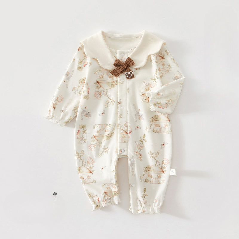 100% Cotton Long Sleeve Snap-Up Romper - Bowknot with Flowers - Organic Cotton Clubs