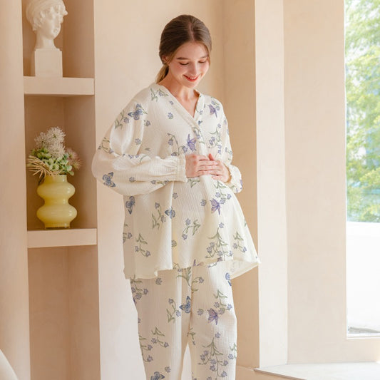 100% Cotton Muslin Maternity & Nursing Pajama Set- Purple Flowers