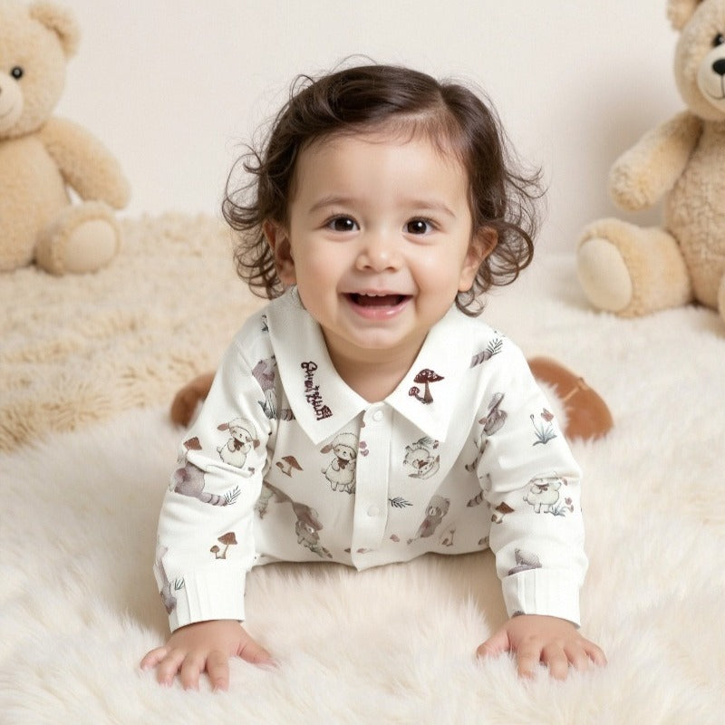 100% Cotton Long Sleeve Snap-Up Romper - White Crane