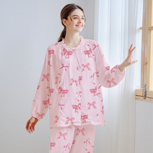 Organic Cotton Muslin Button-Up Maternity & Nursing Pajama - Pink Bowknot