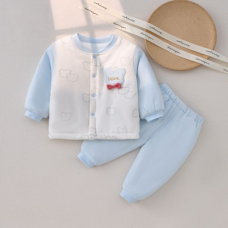 100% Cotton Long Sleeve Quilted Top & Pants Set - Yellow Lovely Bear