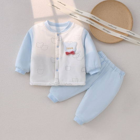 100% Cotton Long Sleeve Quilted Top & Pants Set - Blue Lovely Bear