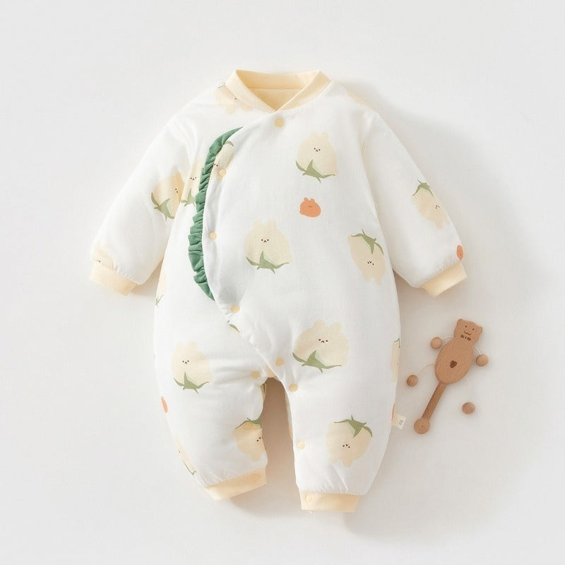 100% Cotton Long Sleeve Snap-Up Quilted Romper - Yellow Bunny