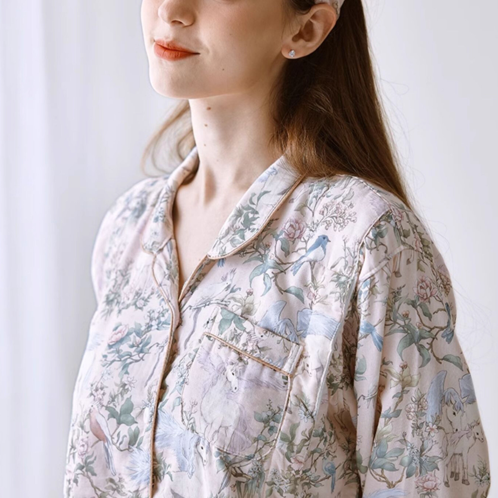 Organic Cotton Muslin Warm Maternity Pajama- Blue Dream Garden
