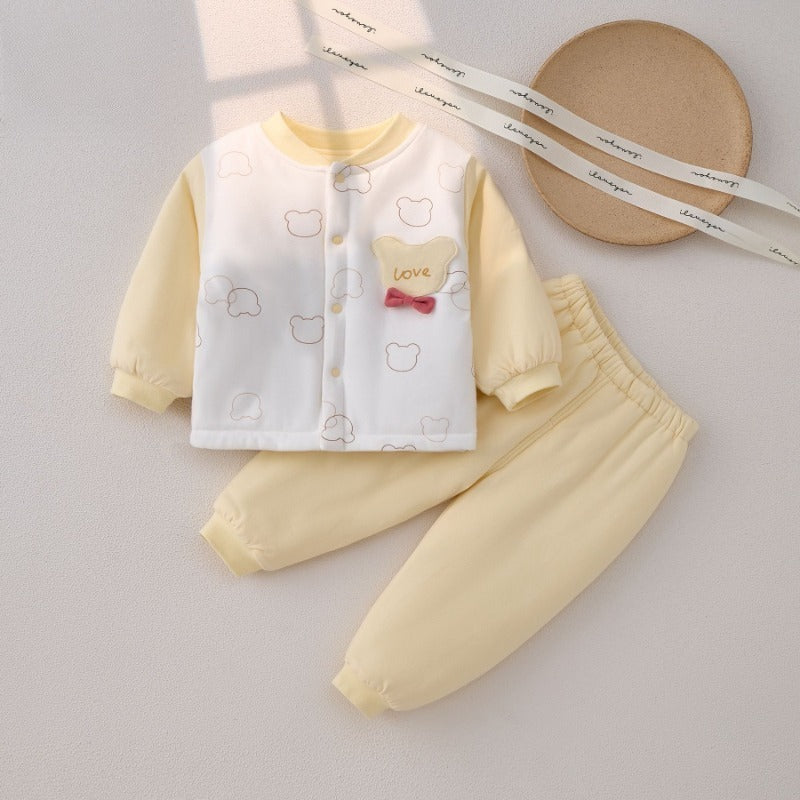 100% Cotton Long Sleeve Quilted Top & Pants Set - Yellow Lovely Bear