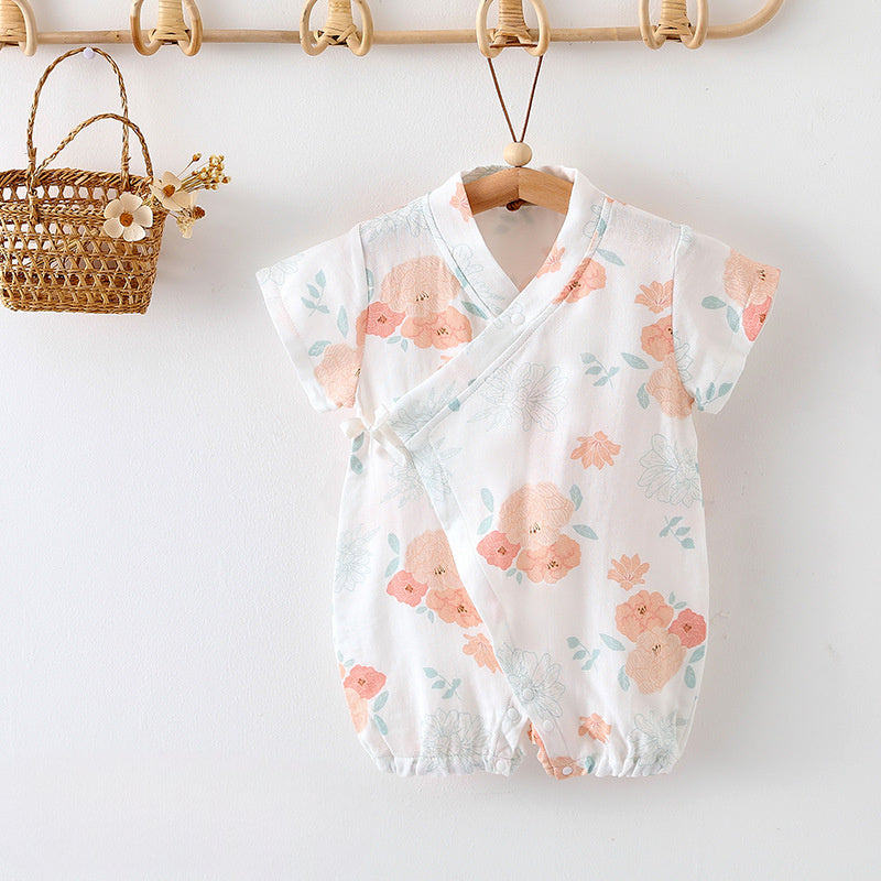 Cotton & Bamboo Muslin Short Sleeve Romper - Flower with Bunny