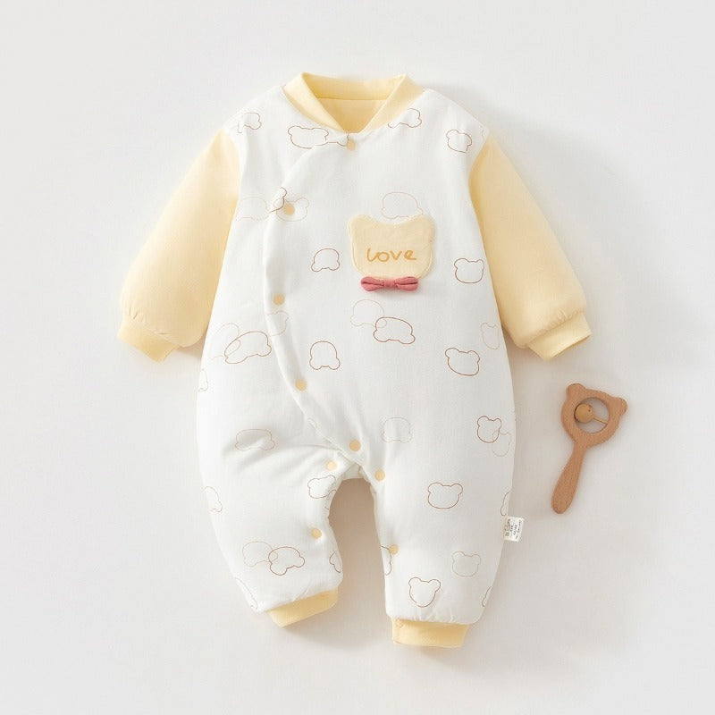 100% Cotton Long Sleeve Snap-Up Quilted Romper - Yellow Bunny