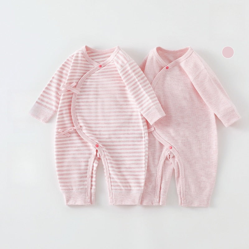 [2-Pieces Set] 100% Cotton Long-Sleeve Kimono Romper - Blue & Blue Stripe