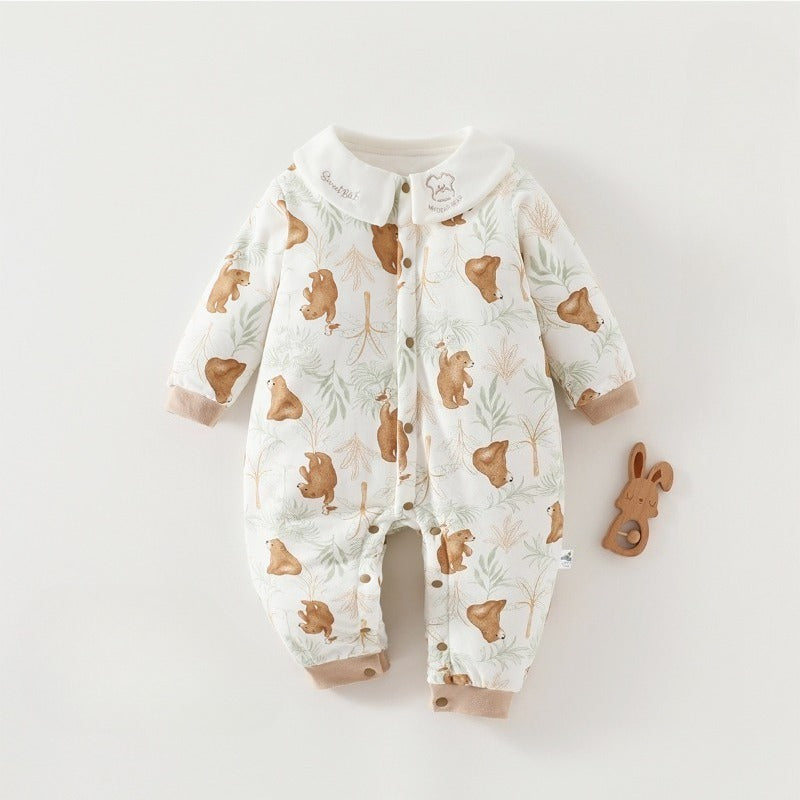 100% Cotton Warm Long Sleeve Snap-Up Romper - Pink Flowers