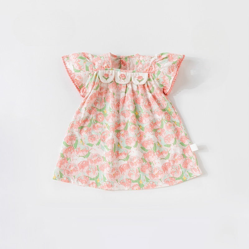 100% Cotton Flutter-Sleeve Dress - Yellow Spring Floral