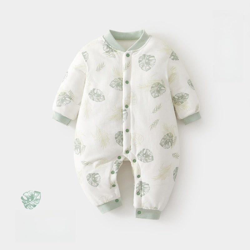 100% Cotton Quilted Long Sleeve Snap-Up Romper - Cat with Lemon