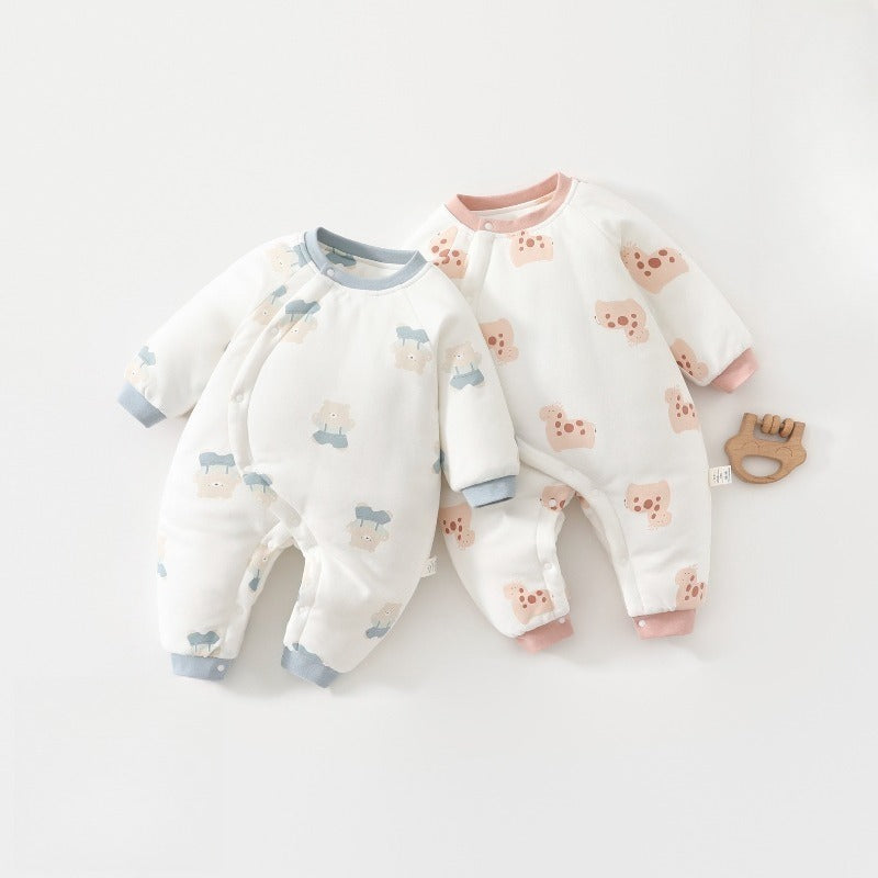100% Cotton Long Sleeve Snap-Up Quilted Romper - Tiger & Forest