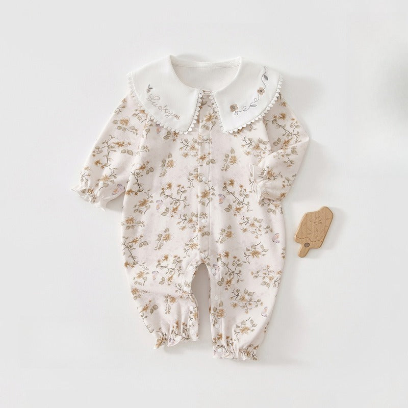 100% Cotton Snap-up Long-Sleeve Romper - Brown Elephant