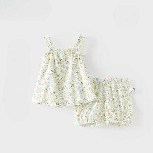 100% Cotton Flutter-Sleeve Top & Pants Set - Floral Garden & Bowknot - Organic Cotton Clubs