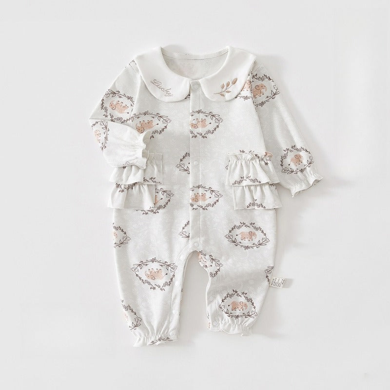 100% Cotton Snap-up Long-Sleeve Romper - Brown Elephant