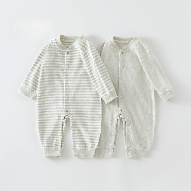 [2-Pieces Set] 100% Cotton Long Sleeve Snapup Romper - Beige & Beige Stripe