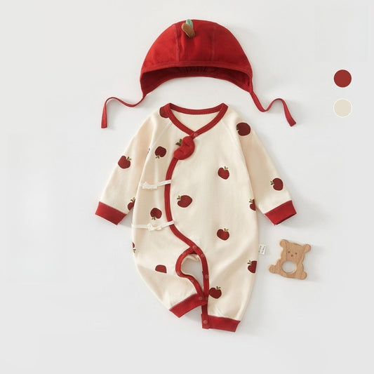 100% Cotton Long-Sleeve Kimono Romper - Red Apple