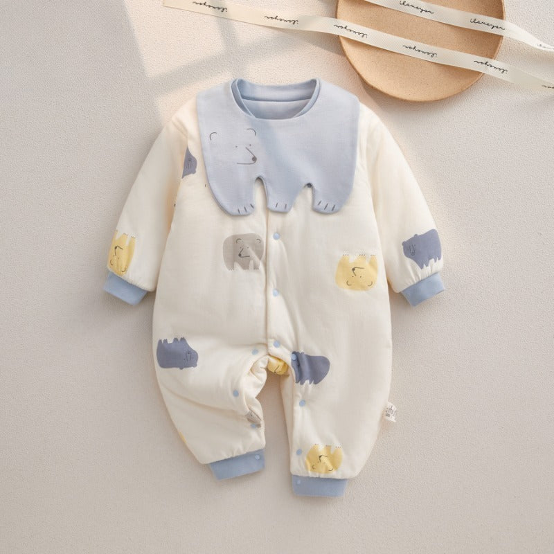 100% Cotton Extra Warm Long Sleeve Quilted Romper with Bib- Yellow Bear
