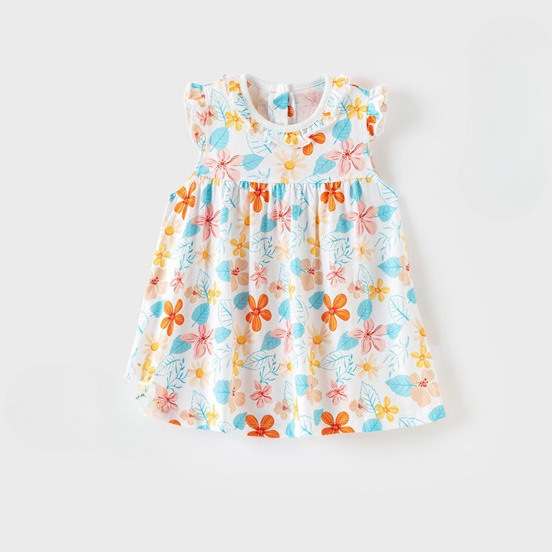 100% Cotton Flutter-Sleeve Dress - Yellow Spring Floral