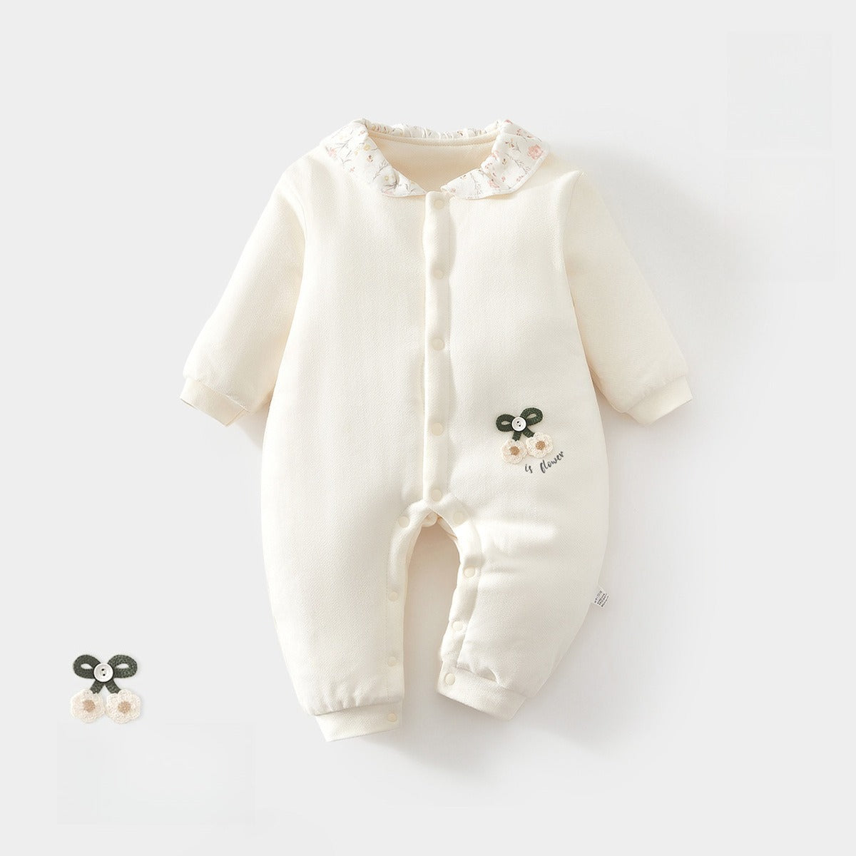 100% Cotton Quilted Long Sleeve Snap-Up Romper - Blue Tree