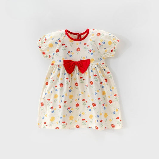 100% Cotton Short Sleeve Dress - Red Bowknot Garden