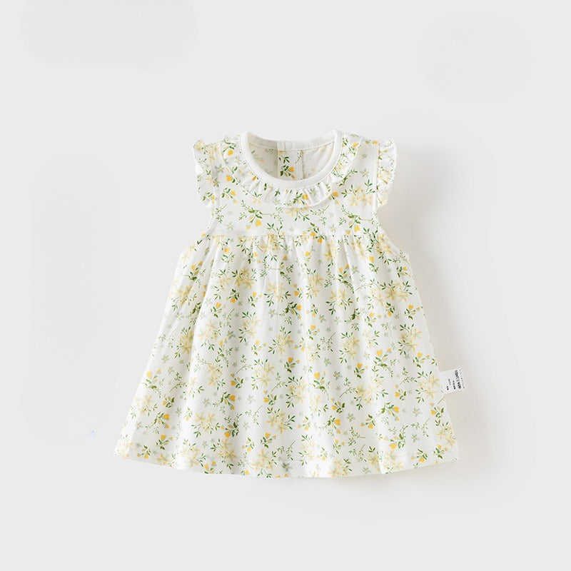 100% Cotton Flutter-Sleeve Dress - Yellow Spring Floral