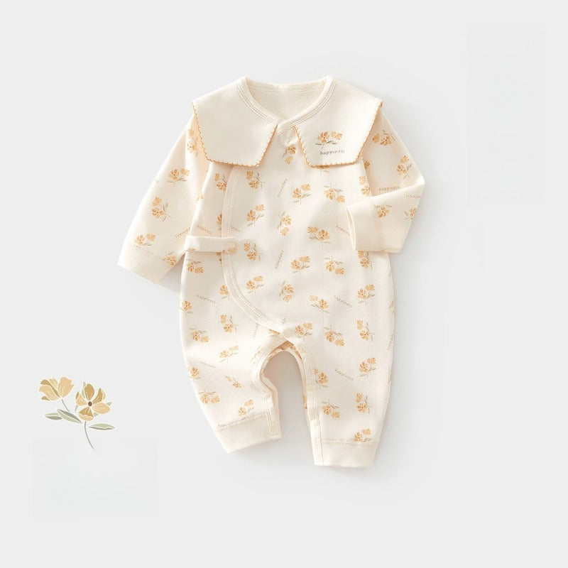 100% Cotton Long Sleeve Floral Romper - Orange Flower
