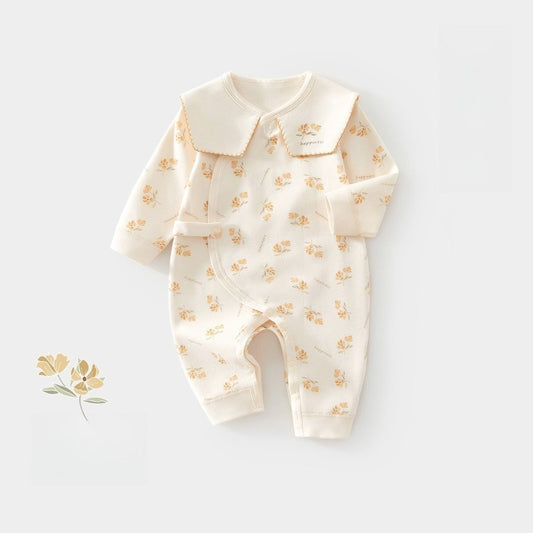 100% Cotton Long Sleeve Floral Romper - Orange Flower
