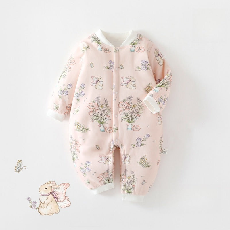 100% Cotton Quilted Long Sleeve Snap-Up Romper - Blue Bear
