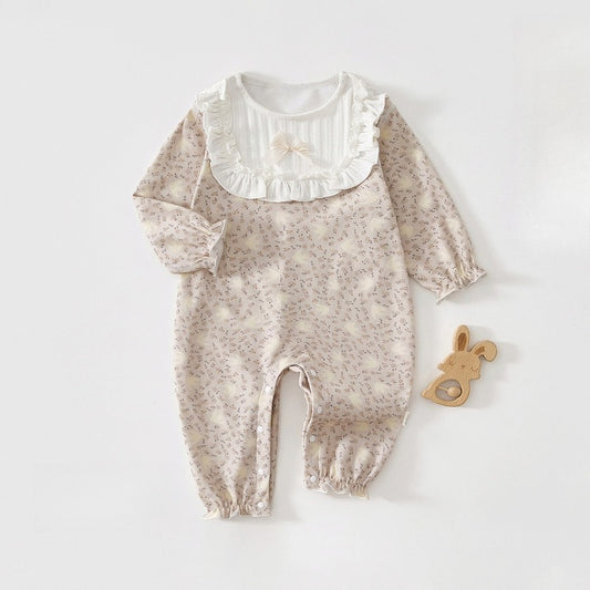 100% Cotton Snap-up Long-Sleeve Romper - Brown Bowknot