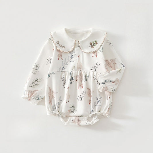 100% Cotton Long Sleeve Overhead Bodysuit - White Crane