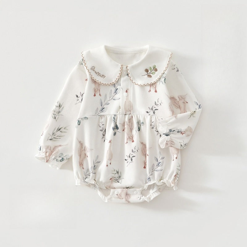 100% Cotton Long Sleeve Overhead Bodysuit - White Crane
