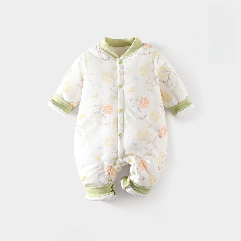 100% Cotton Quilted Long Sleeve Snap-Up Romper - Cat with Lemon