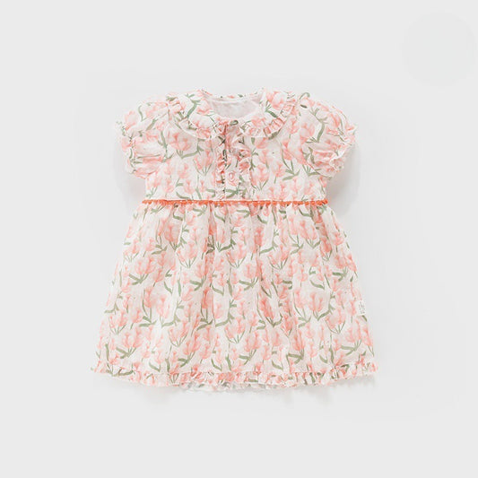 100% Cotton Short-Sleeve Princess Dress - Pink Tulip