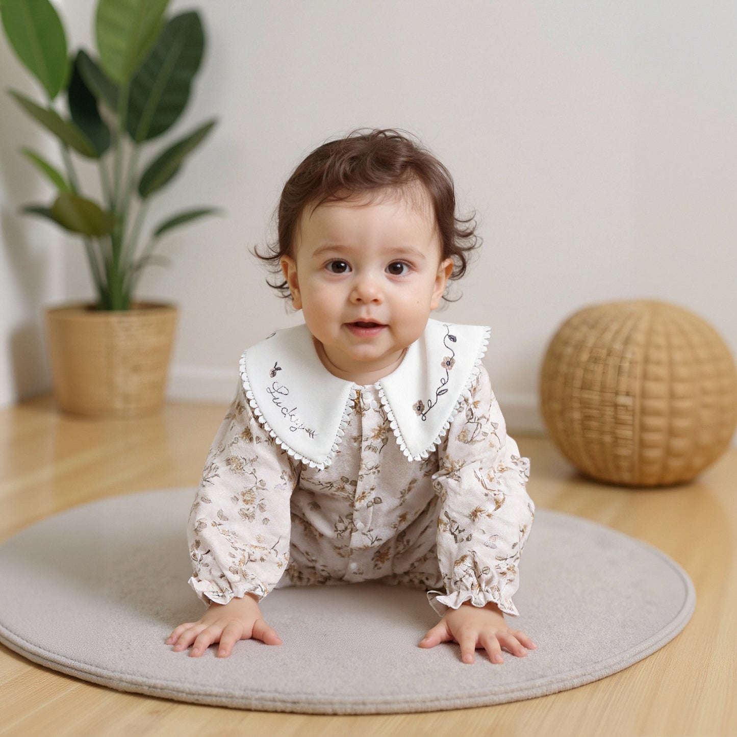 100% Cotton Snap-up Long-Sleeve Romper - Brown Bowknot